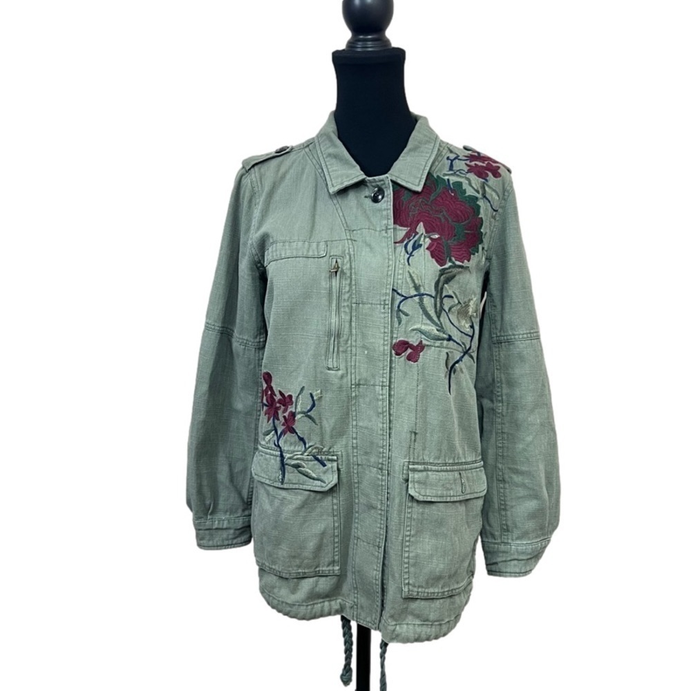 Olive Green Utility Jacket with Floral Embroidery